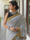 Handloom Mul Cotton Hand-Block Print Saree-White