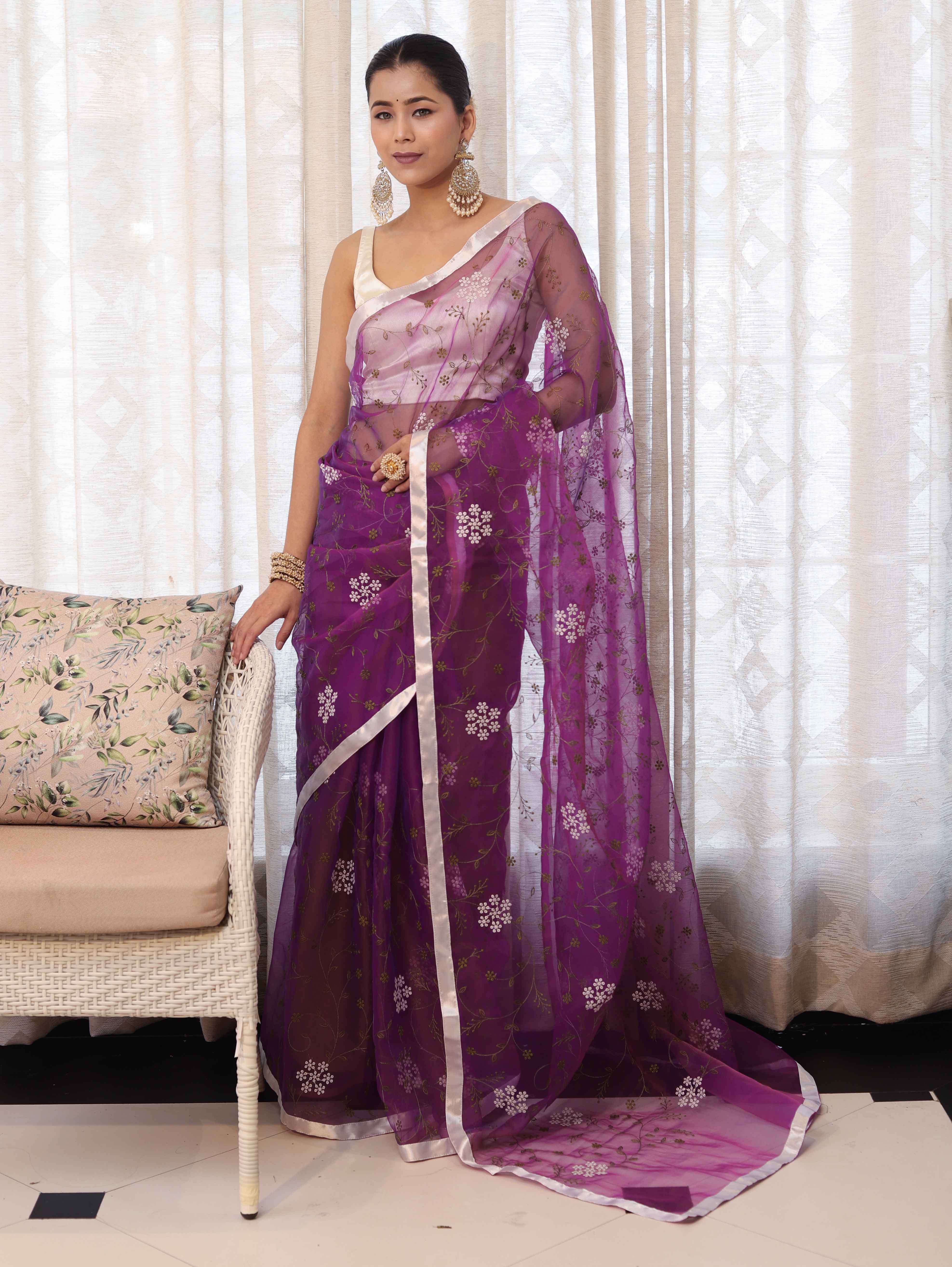 Banarasee Organza Mix Saree With Floral Embroidered Work & Satin Border-Purple