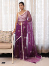 Banarasee Organza Mix Saree With Floral Embroidered Work & Satin Border-Purple