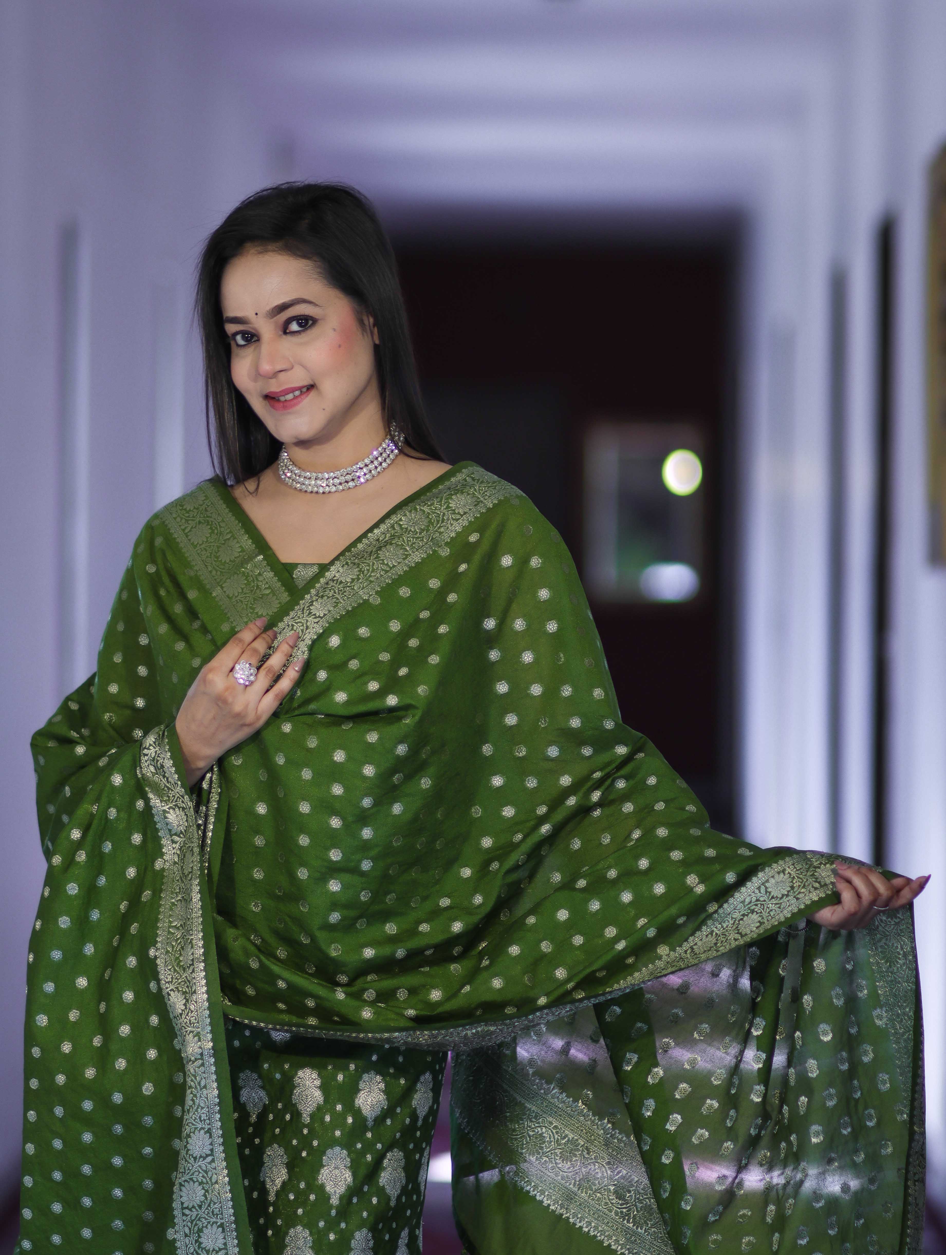 Banarasee Faux Georgette Zari Work Salwar Kameez Fabric With Dupatta Set-Leaf Green