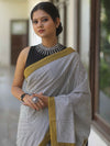 Handloom Mul Cotton Hand-Block Print Saree-White