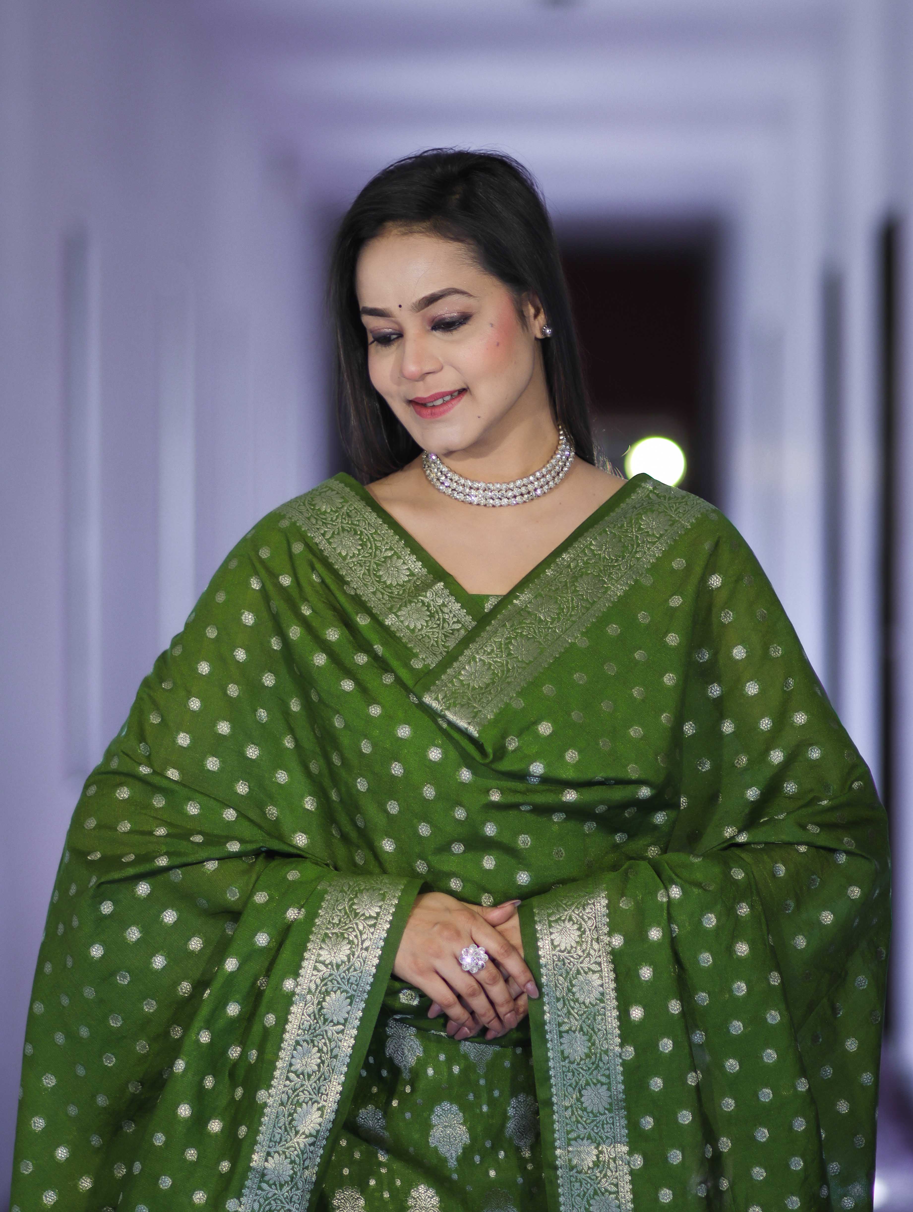 Banarasee Faux Georgette Zari Work Salwar Kameez Fabric With Dupatta Set-Leaf Green