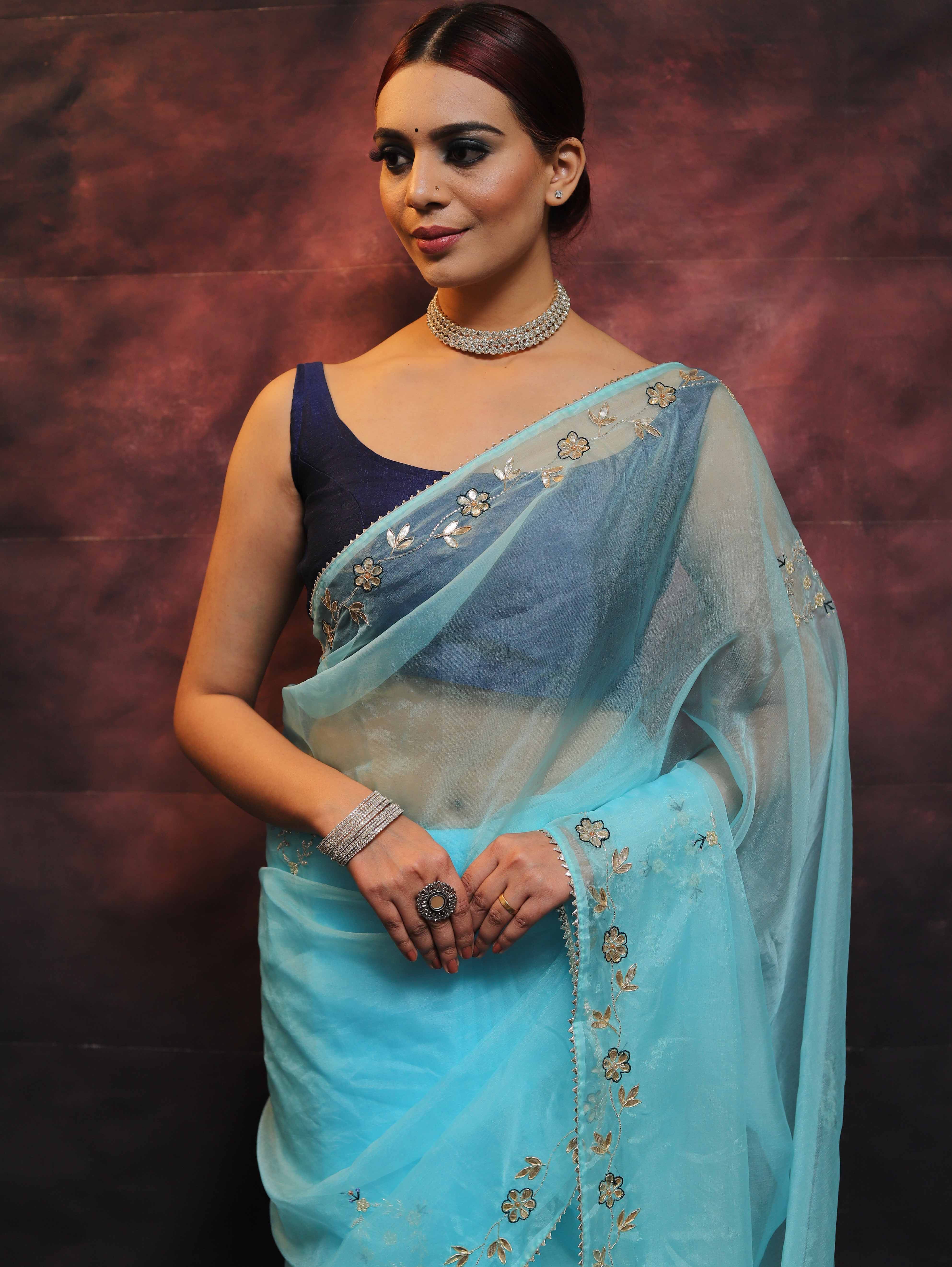 Banarasee Tissue Organza Saree With Handwork-Pastel Blue