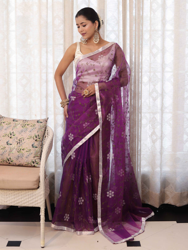 Banarasee Organza Mix Saree With Floral Embroidered Work & Satin Border-Purple