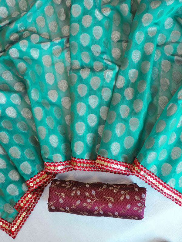 Banarasee Handloom Chanderi Cotton Saree With Buta Besign & Lace-Light Green