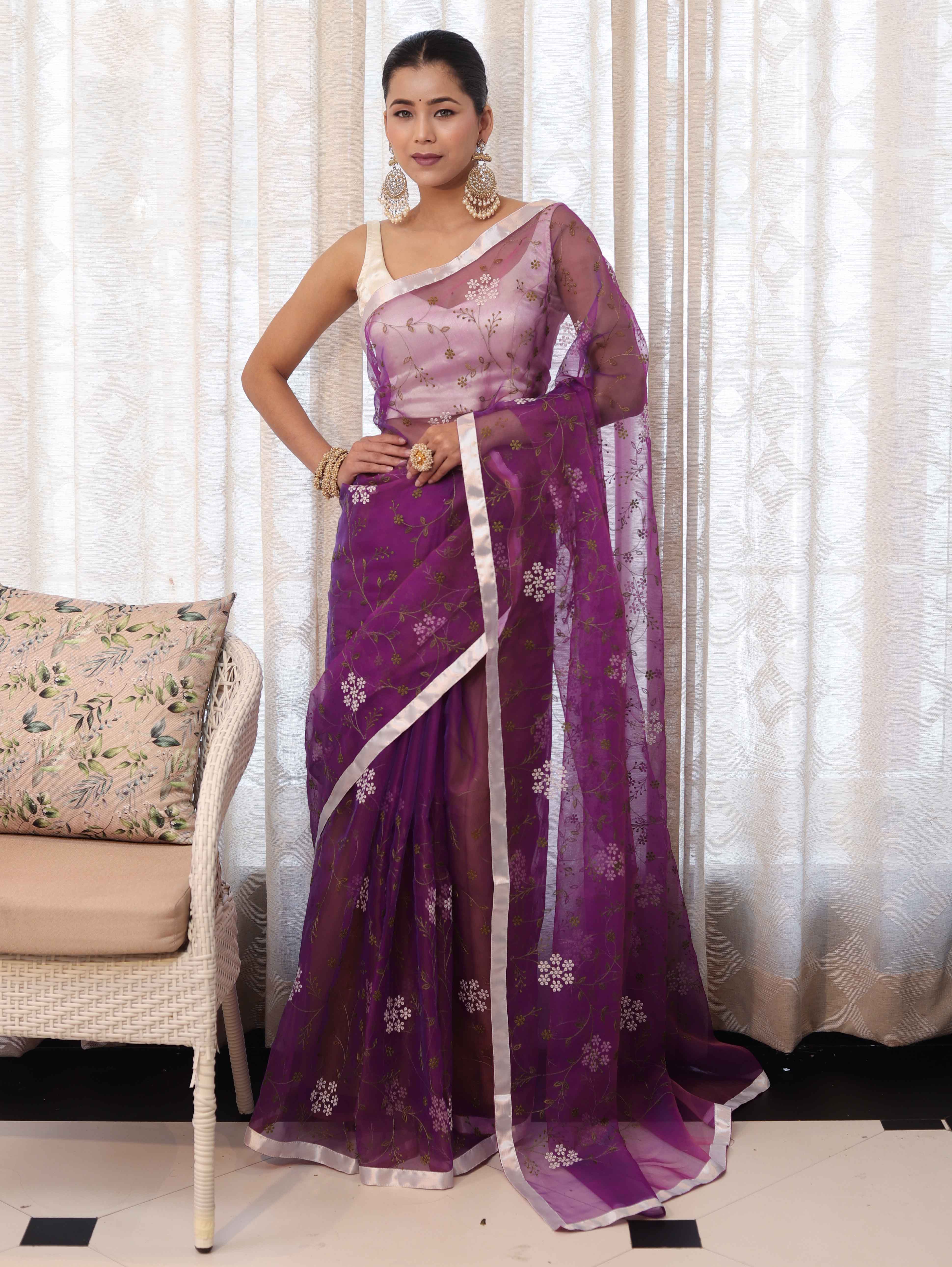 Banarasee Organza Mix Saree With Floral Embroidered Work & Satin Border-Purple