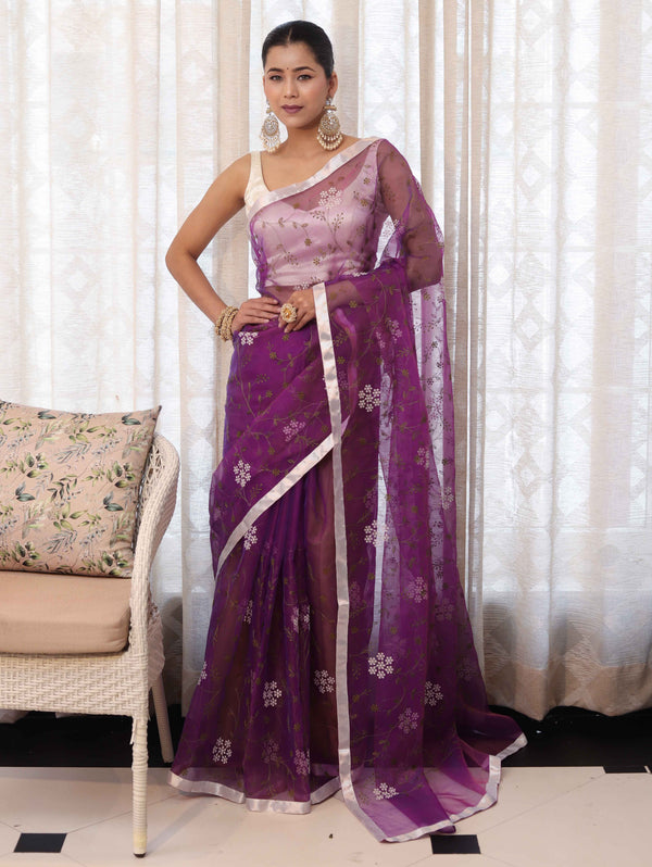 Banarasee Organza Mix Saree With Floral Embroidered Work & Satin Border-Purple