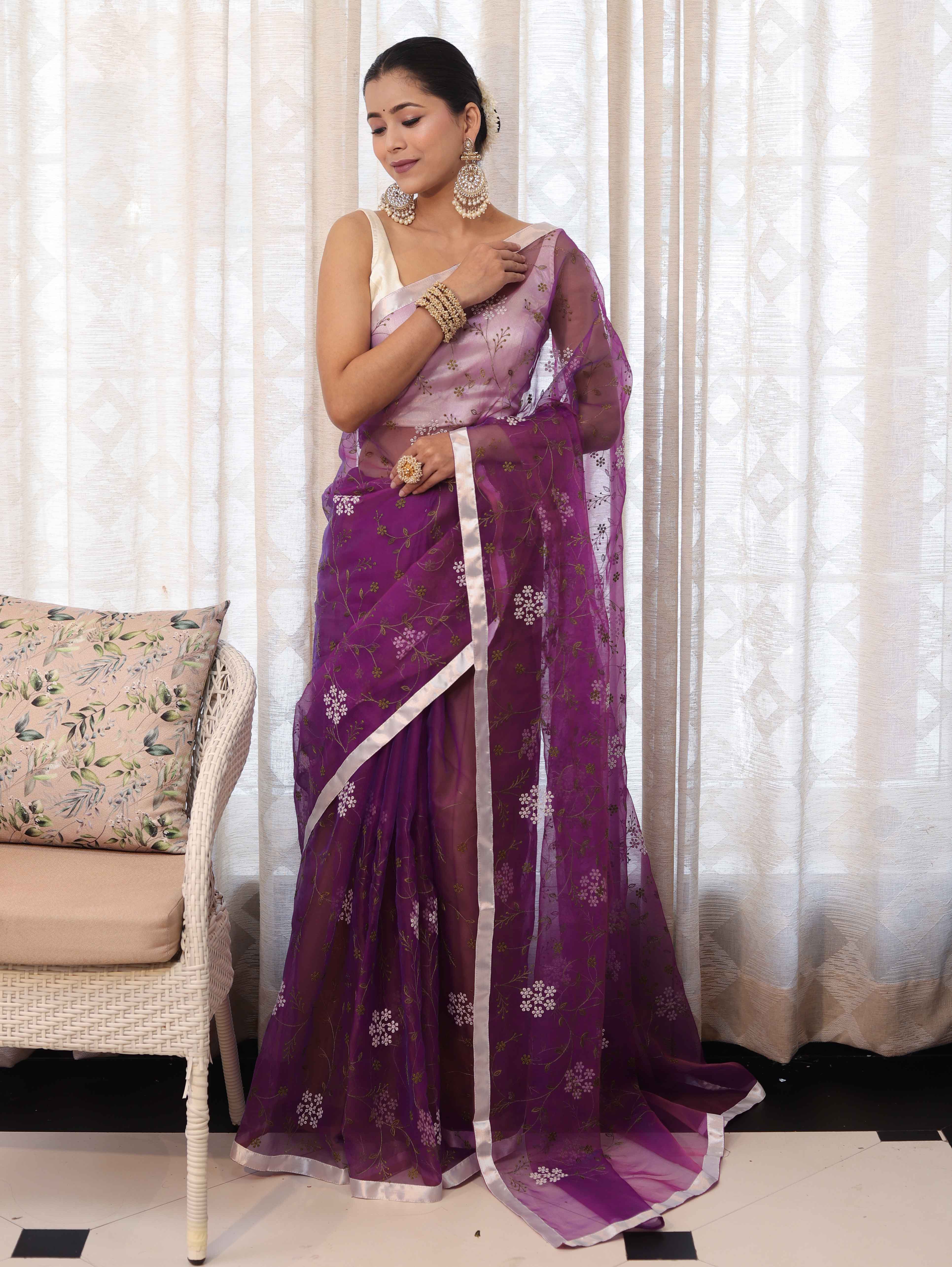 Banarasee Organza Mix Saree With Floral Embroidered Work & Satin Border-Purple