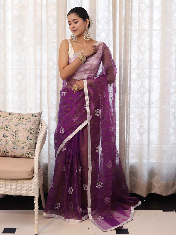 Banarasee Organza Mix Saree With Floral Embroidered Work & Satin Border-Purple