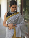 Handloom Mul Cotton Hand-Block Print Saree-White