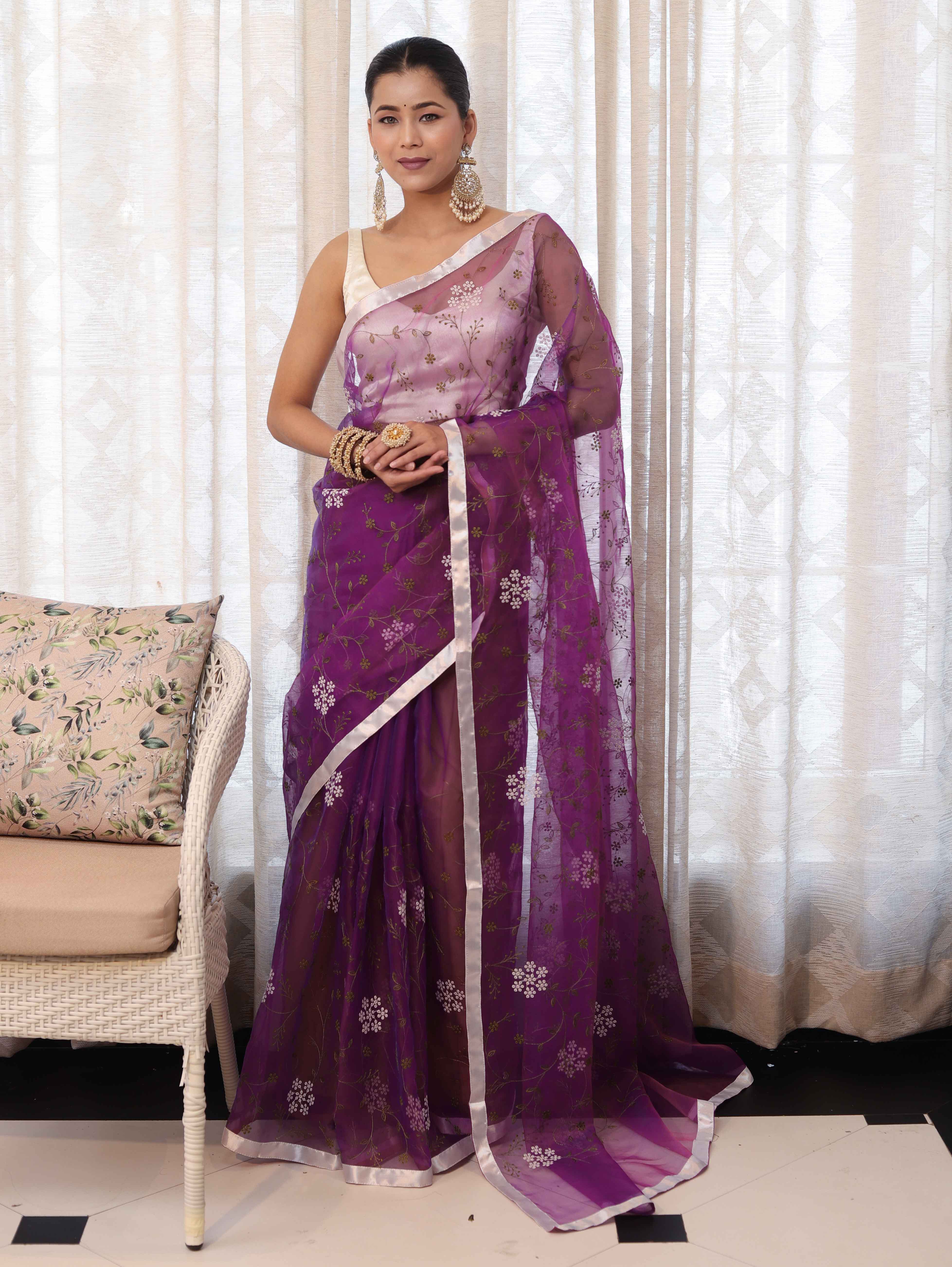 Banarasee Organza Mix Saree With Floral Embroidered Work & Satin Border-Purple