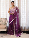 Banarasee Organza Mix Saree With Floral Embroidered Work & Satin Border-Purple