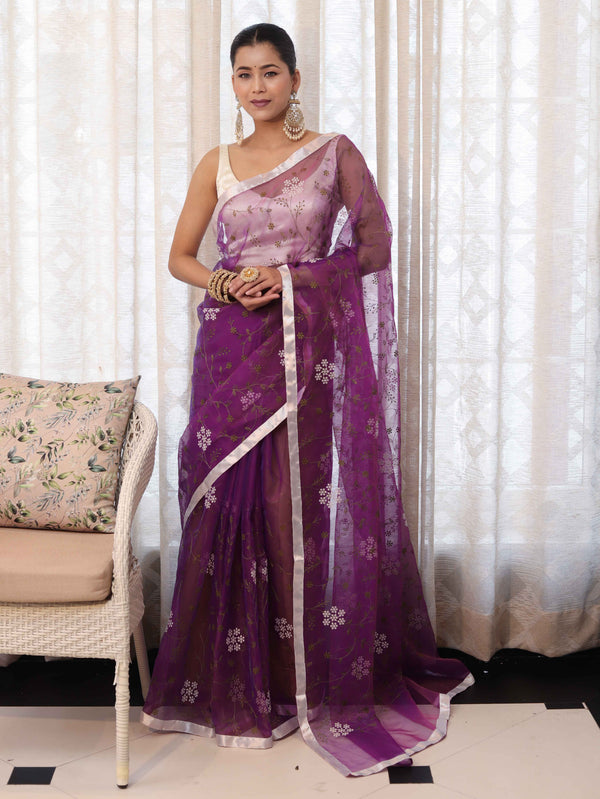 Banarasee Organza Mix Saree With Floral Embroidered Work & Satin Border-Purple