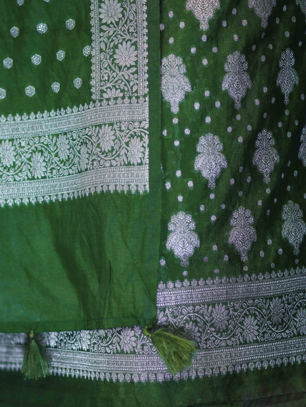 Banarasee Faux Georgette Zari Work Salwar Kameez Fabric With Dupatta Set-Leaf Green