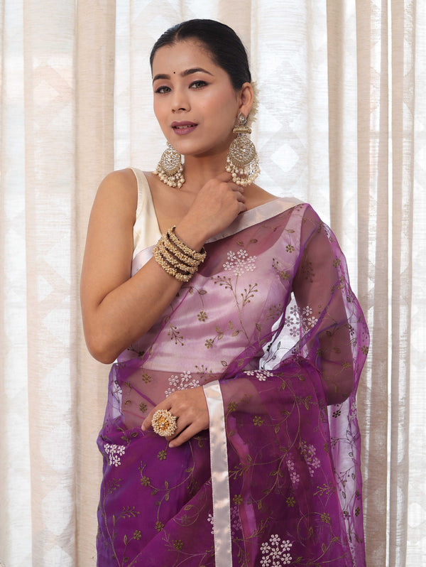 Banarasee Organza Mix Saree With Floral Embroidered Work & Satin Border-Purple