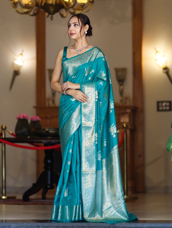 Banarasee Handloom Pure Chiniya Silk Saree With Zari Work-Aqua Blue