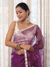 Banarasee Organza Mix Saree With Floral Embroidered Work & Satin Border-Purple