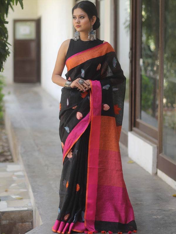 Bhagalpur Handloom Linen Saree With Embroidered Buta Design-Black