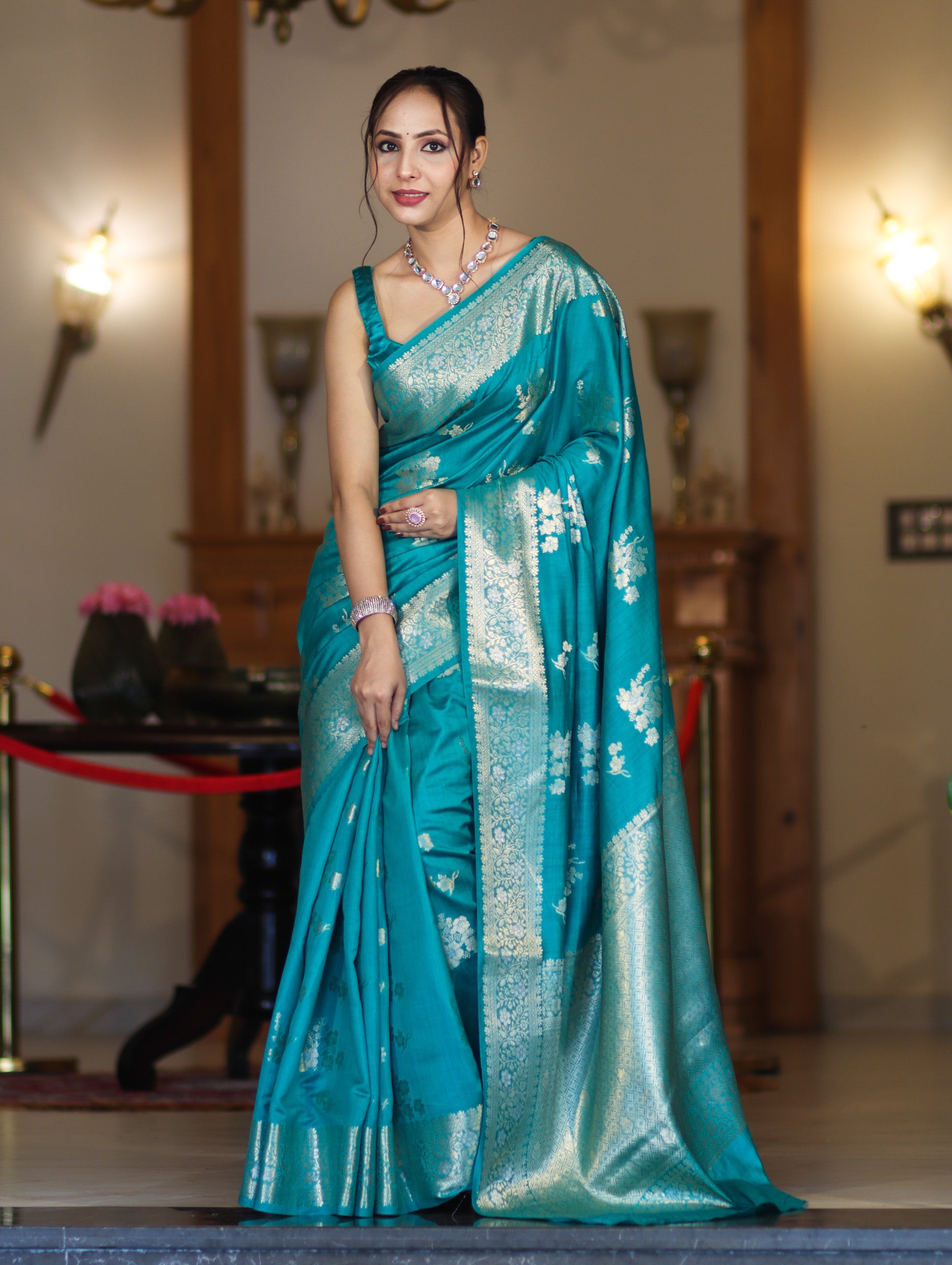 Banarasee Handloom Pure Chiniya Silk Saree With Zari Work-Aqua Blue