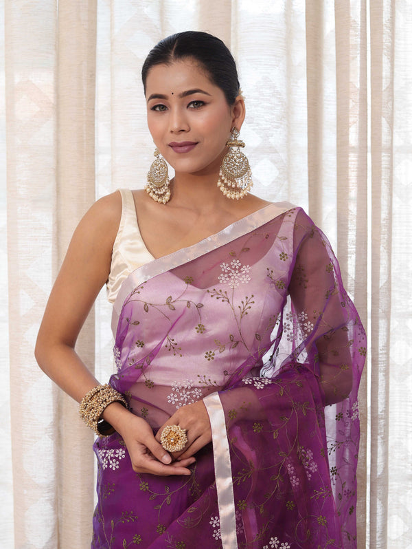 Banarasee Organza Mix Saree With Floral Embroidered Work & Satin Border-Purple
