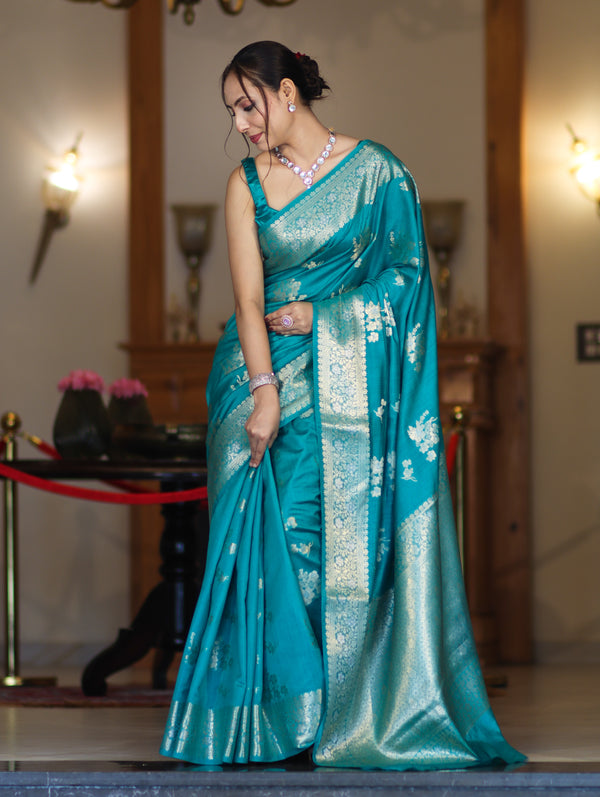 Banarasee Handloom Pure Chiniya Silk Saree With Zari Work-Aqua Blue