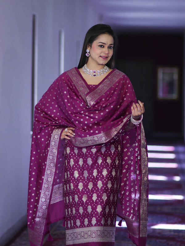 Banarasee Faux Georgette Zari Work Salwar Kameez Fabric With Dupatta Set-Wine