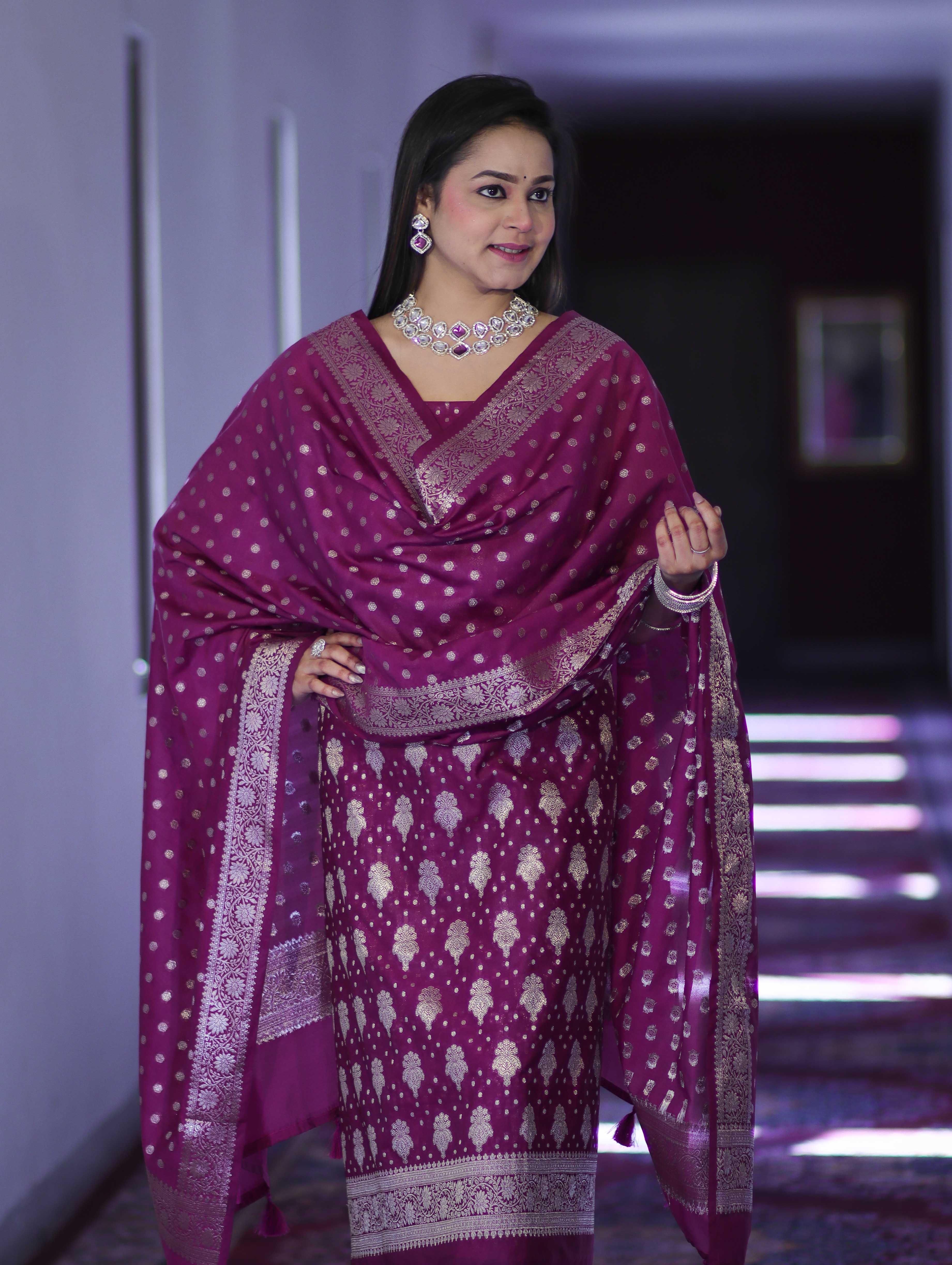 Banarasee Faux Georgette Zari Work Salwar Kameez Fabric With Dupatta Set-Wine