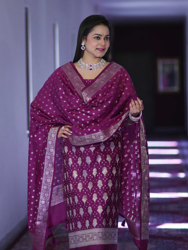 Banarasee Faux Georgette Zari Work Salwar Kameez Fabric With Dupatta Set-Wine