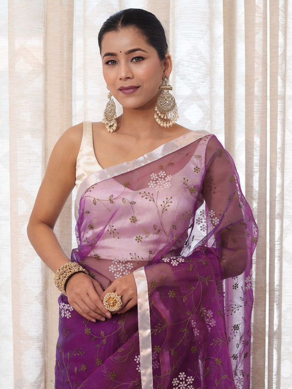 Banarasee Organza Mix Saree With Floral Embroidered Work & Satin Border-Purple
