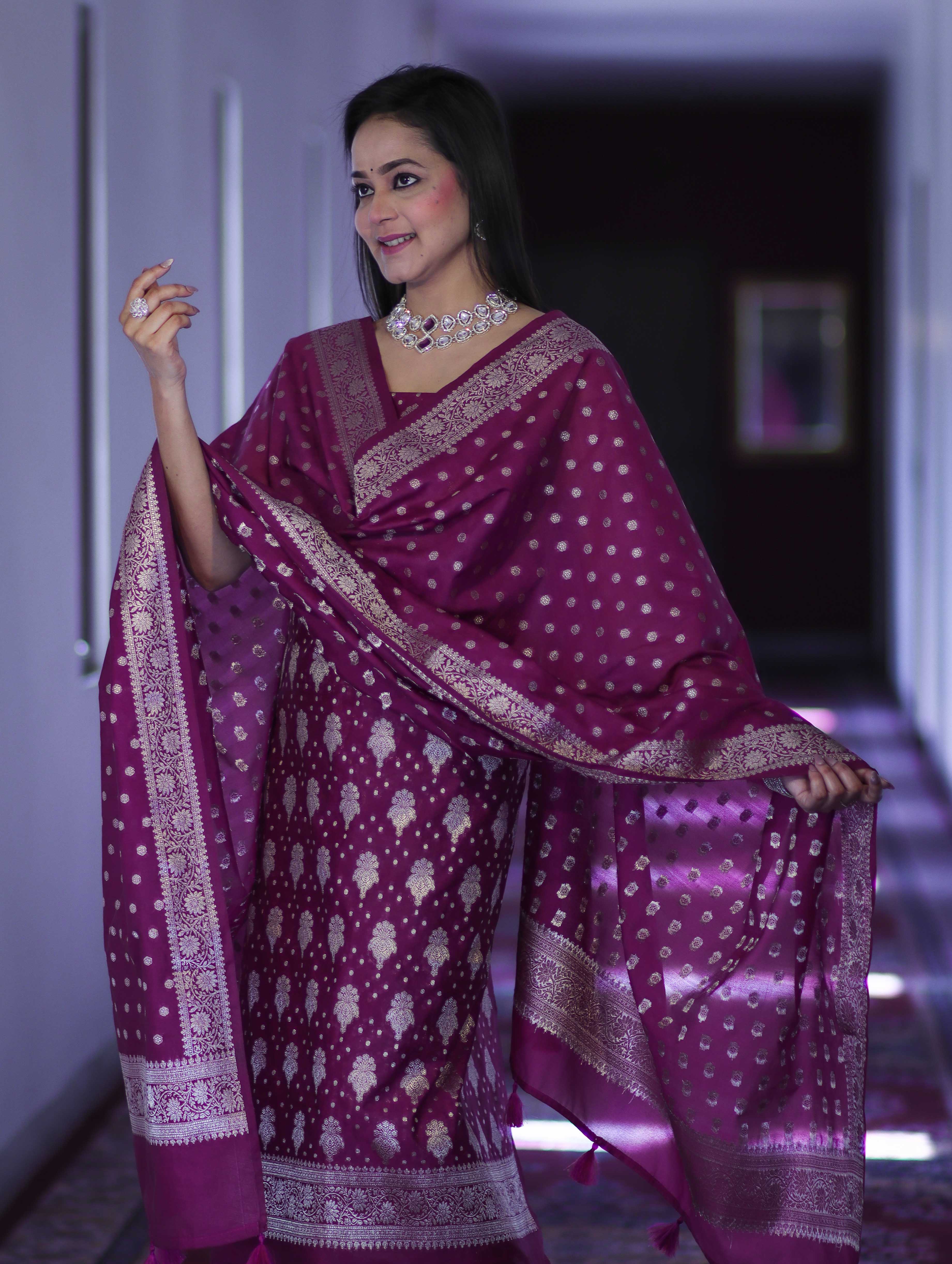 Banarasee Faux Georgette Zari Work Salwar Kameez Fabric With Dupatta Set-Wine