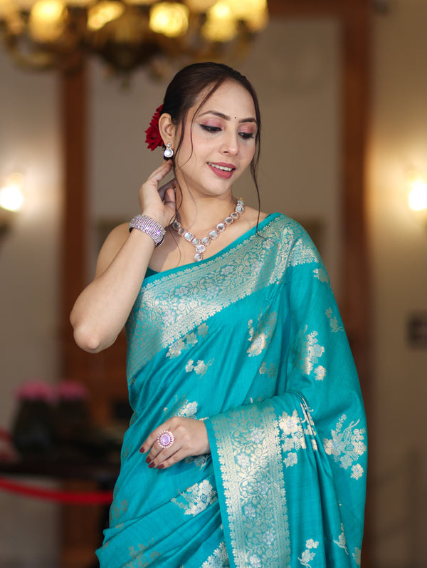 Banarasee Handloom Pure Chiniya Silk Saree With Zari Work-Aqua Blue