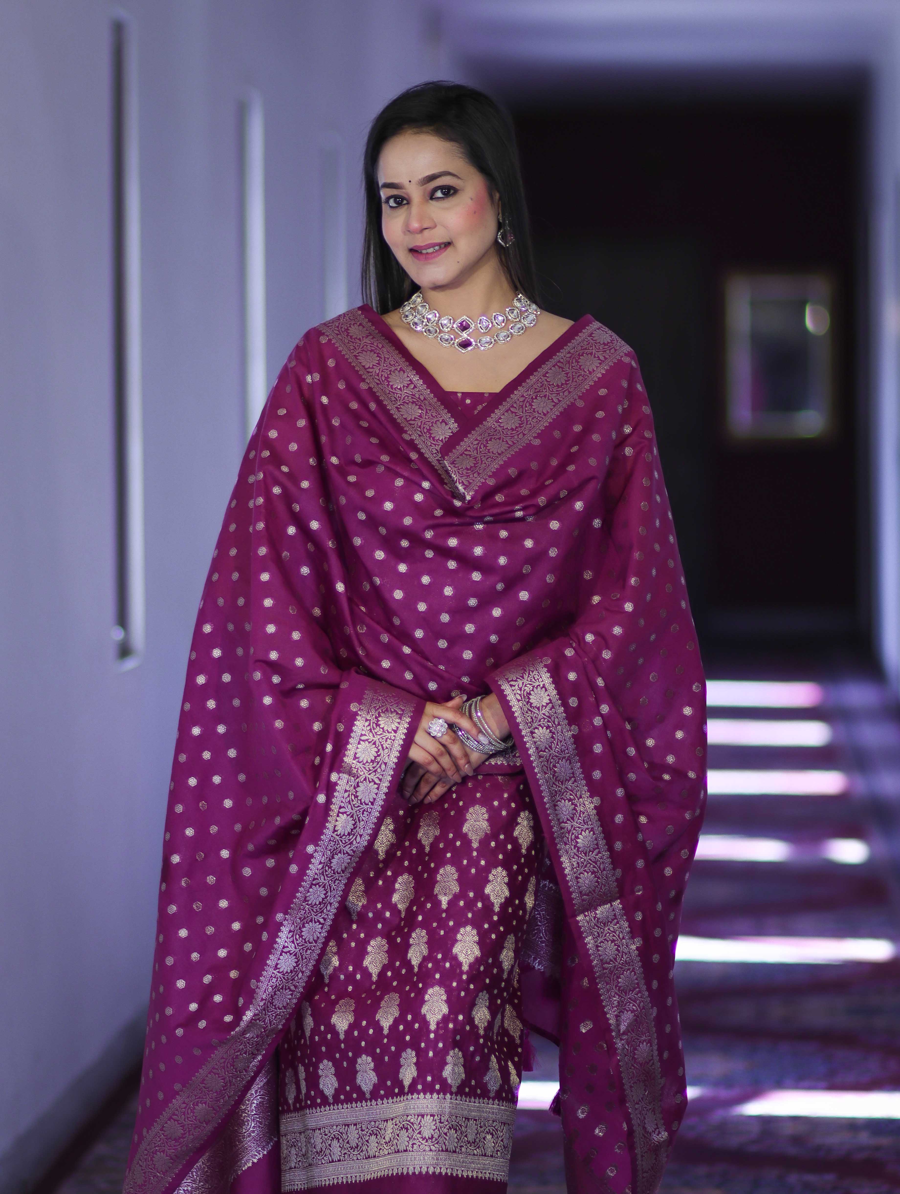 Banarasee Faux Georgette Zari Work Salwar Kameez Fabric With Dupatta Set-Wine
