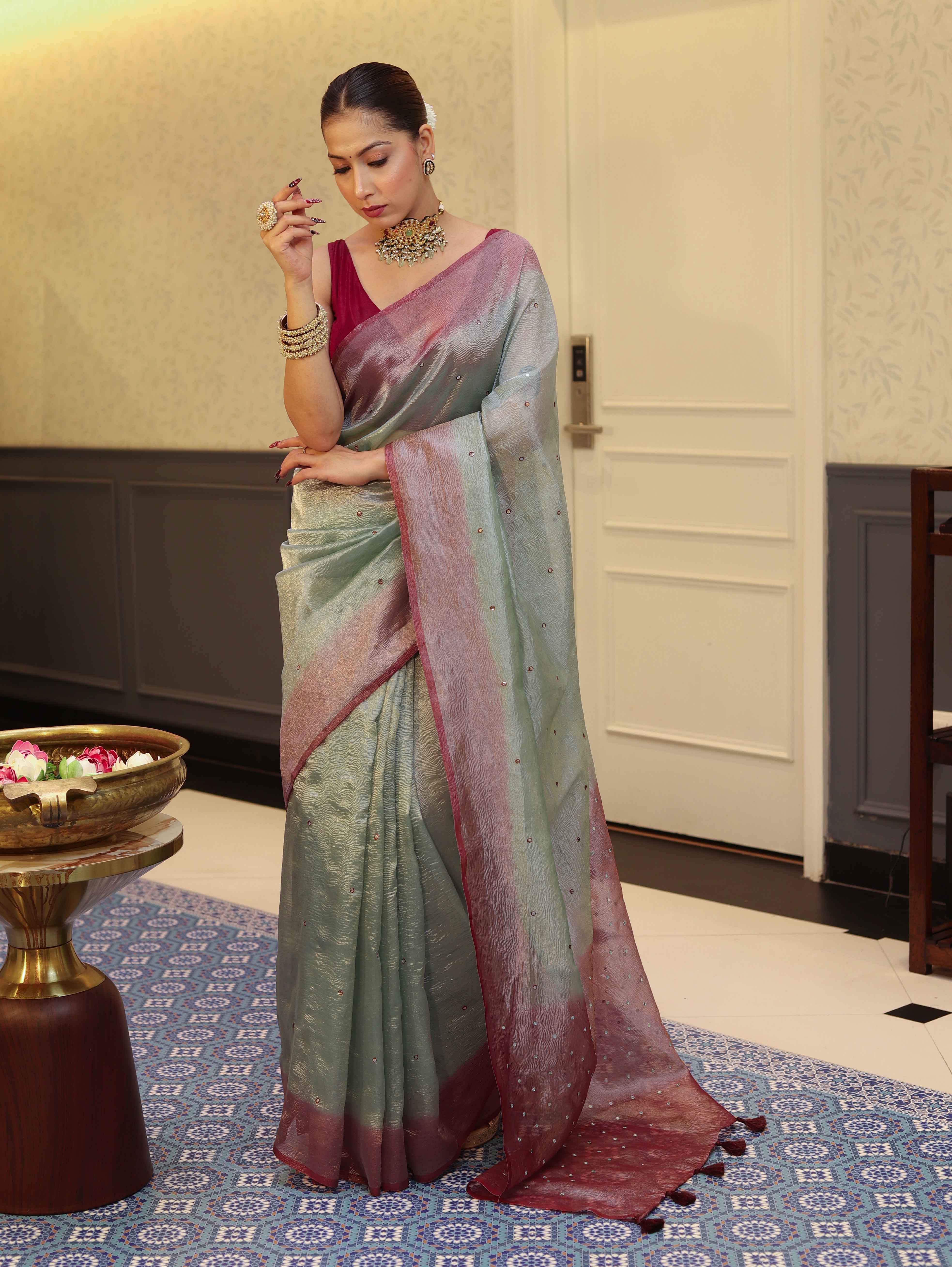 Banarasee Handwoven Crushed Tissue Saree With Mirror Work & Contrast Border-Pastel Green