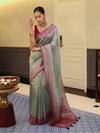 Banarasee Handwoven Crushed Tissue Saree With Mirror Work & Contrast Border-Pastel Green