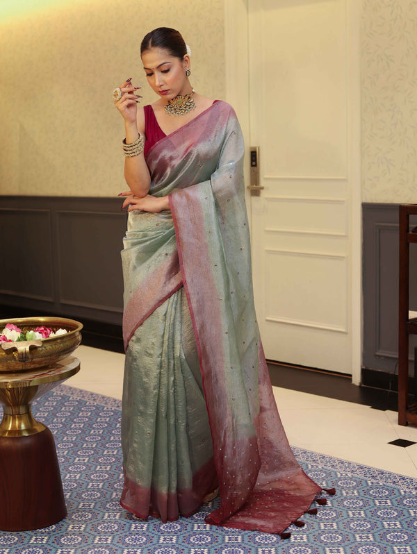 Banarasee Handwoven Crushed Tissue Saree With Mirror Work & Contrast Border-Pastel Green