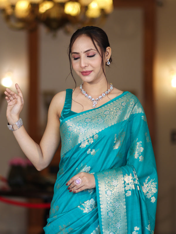 Banarasee Handloom Pure Chiniya Silk Saree With Zari Work-Aqua Blue