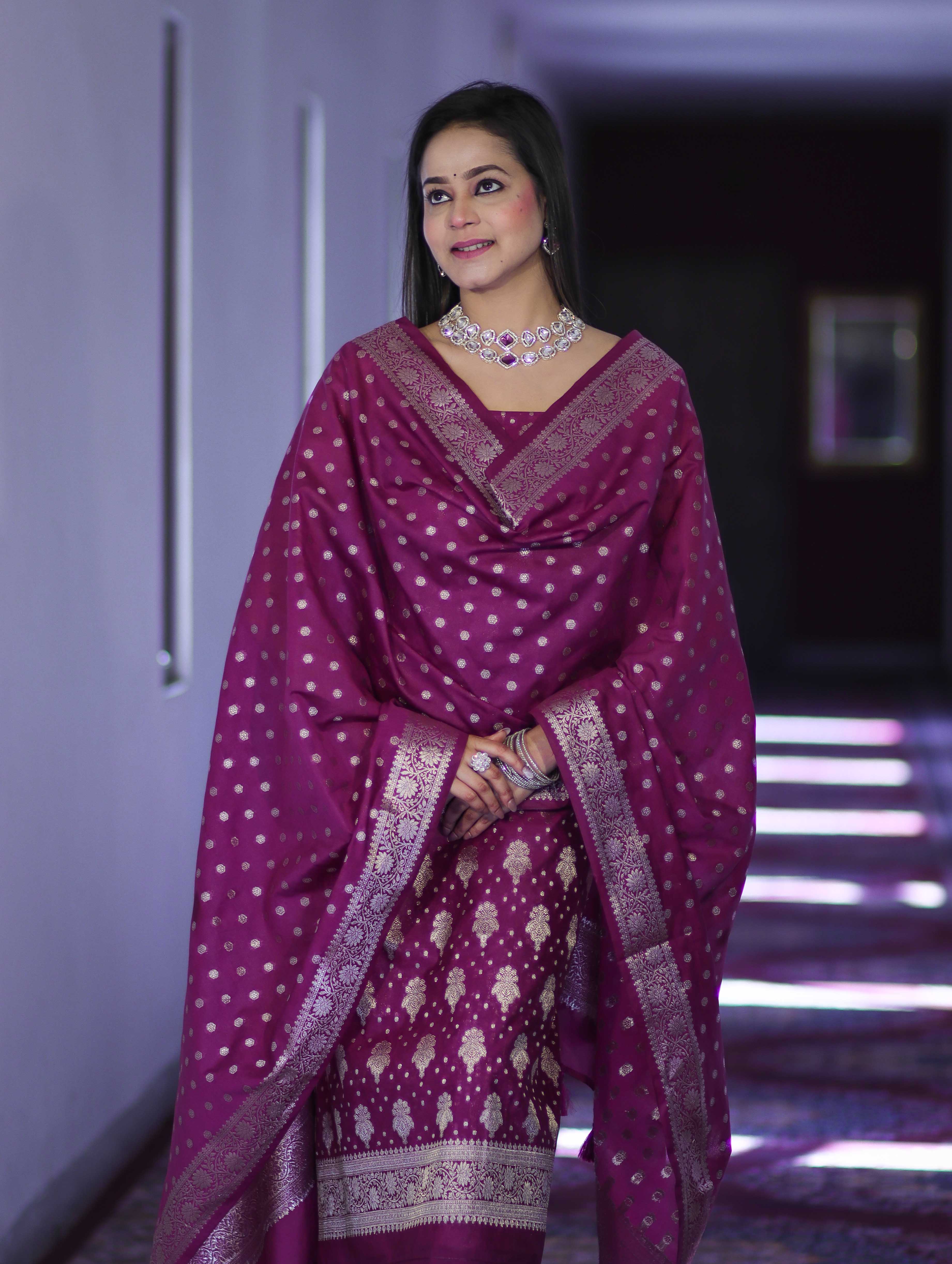 Banarasee Faux Georgette Zari Work Salwar Kameez Fabric With Dupatta Set-Wine