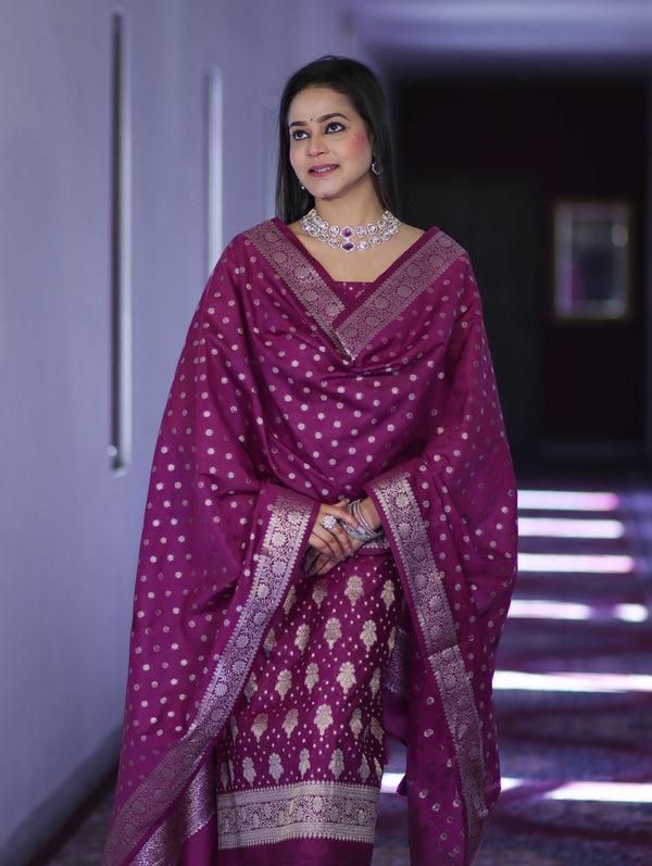 Banarasee Faux Georgette Zari Work Salwar Kameez Fabric With Dupatta Set-Wine