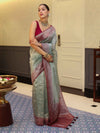 Banarasee Handwoven Crushed Tissue Saree With Mirror Work & Contrast Border-Pastel Green