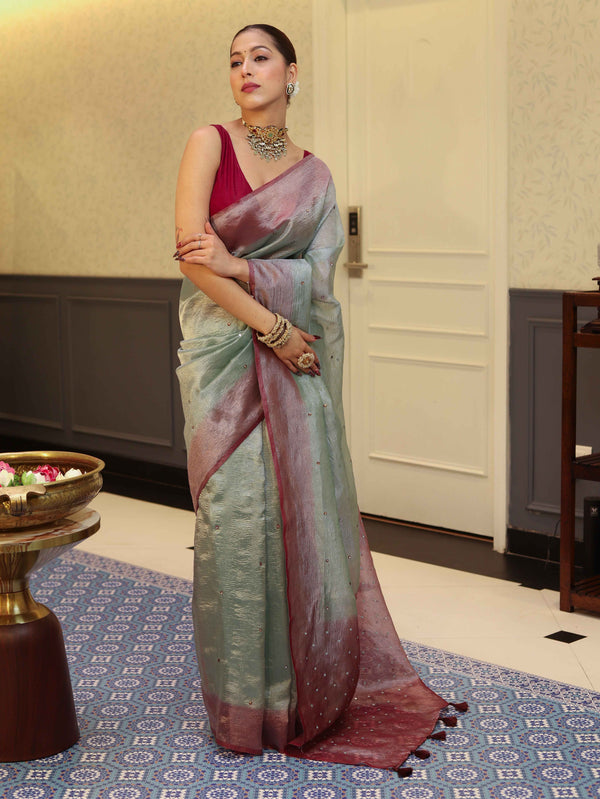 Banarasee Handwoven Crushed Tissue Saree With Mirror Work & Contrast Border-Pastel Green