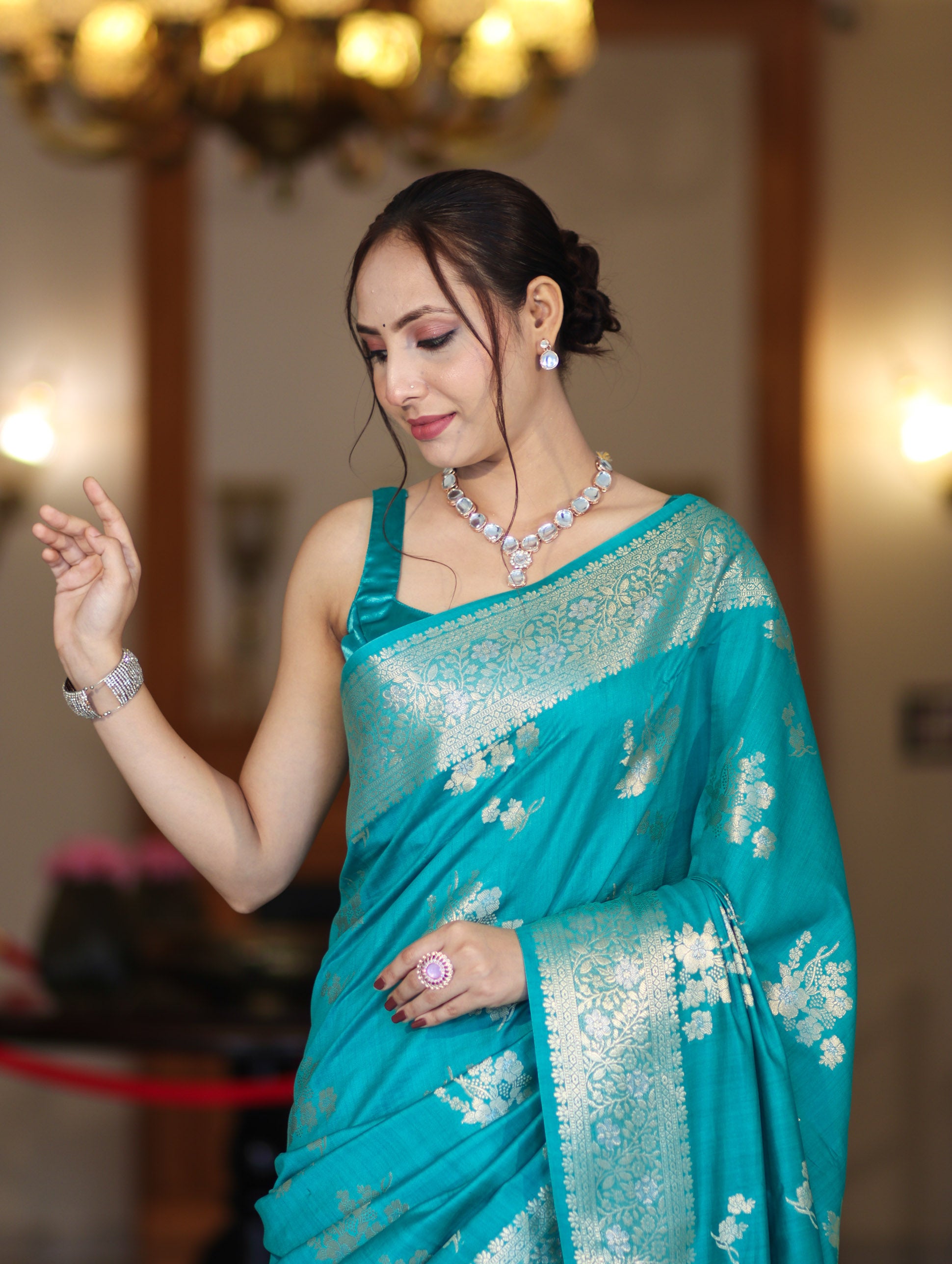 Banarasee Handloom Pure Chiniya Silk Saree With Zari Work-Aqua Blue