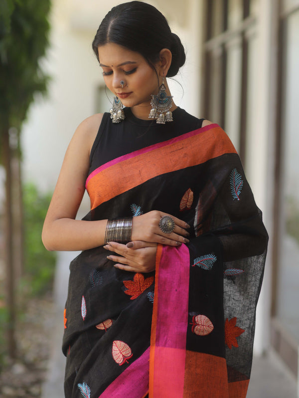 Bhagalpur Handloom Linen Saree With Embroidered Buta Design-Black