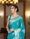 Banarasee Handloom Pure Chiniya Silk Saree With Zari Work-Aqua Blue