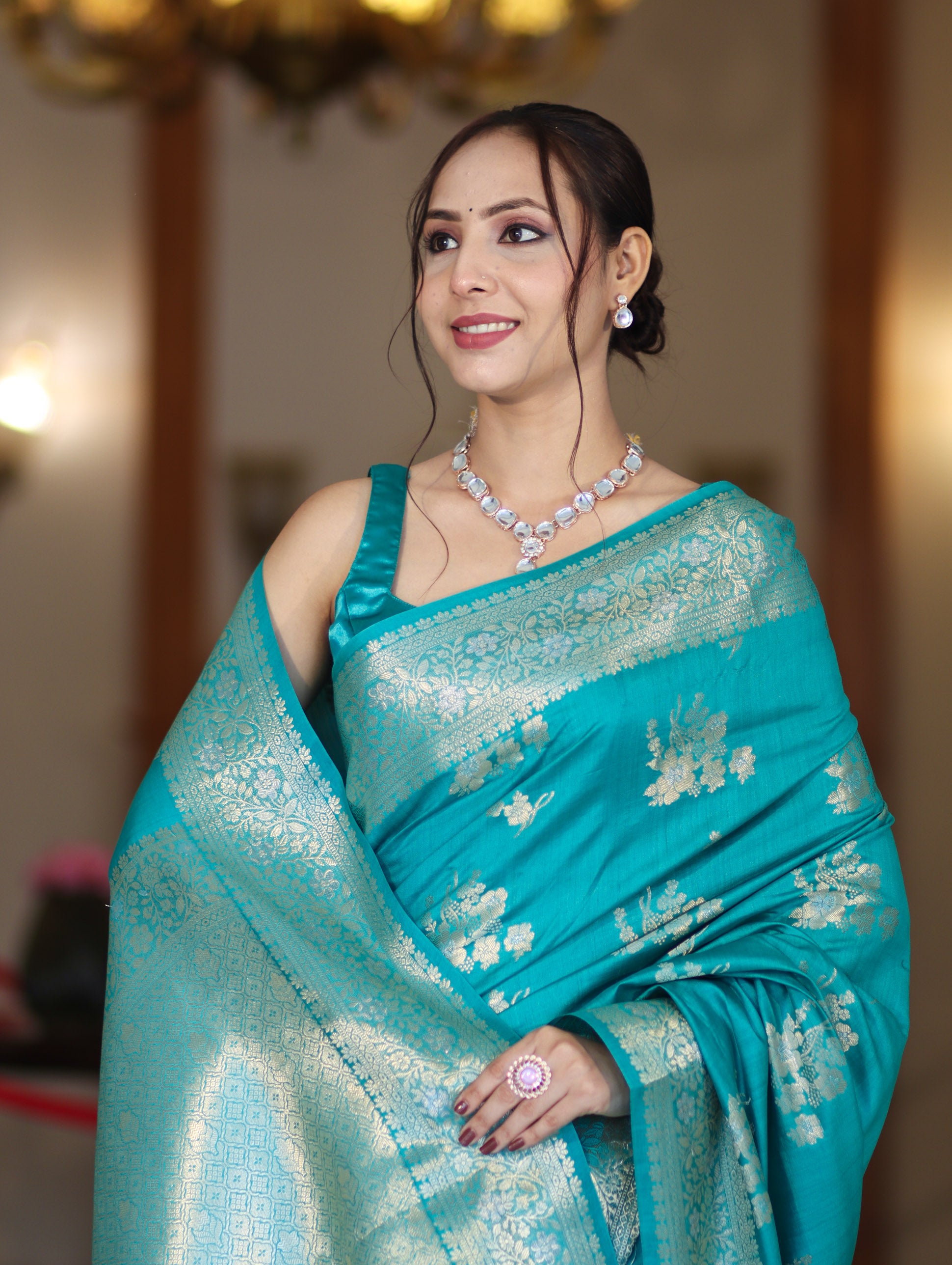 Banarasee Handloom Pure Chiniya Silk Saree With Zari Work-Aqua Blue