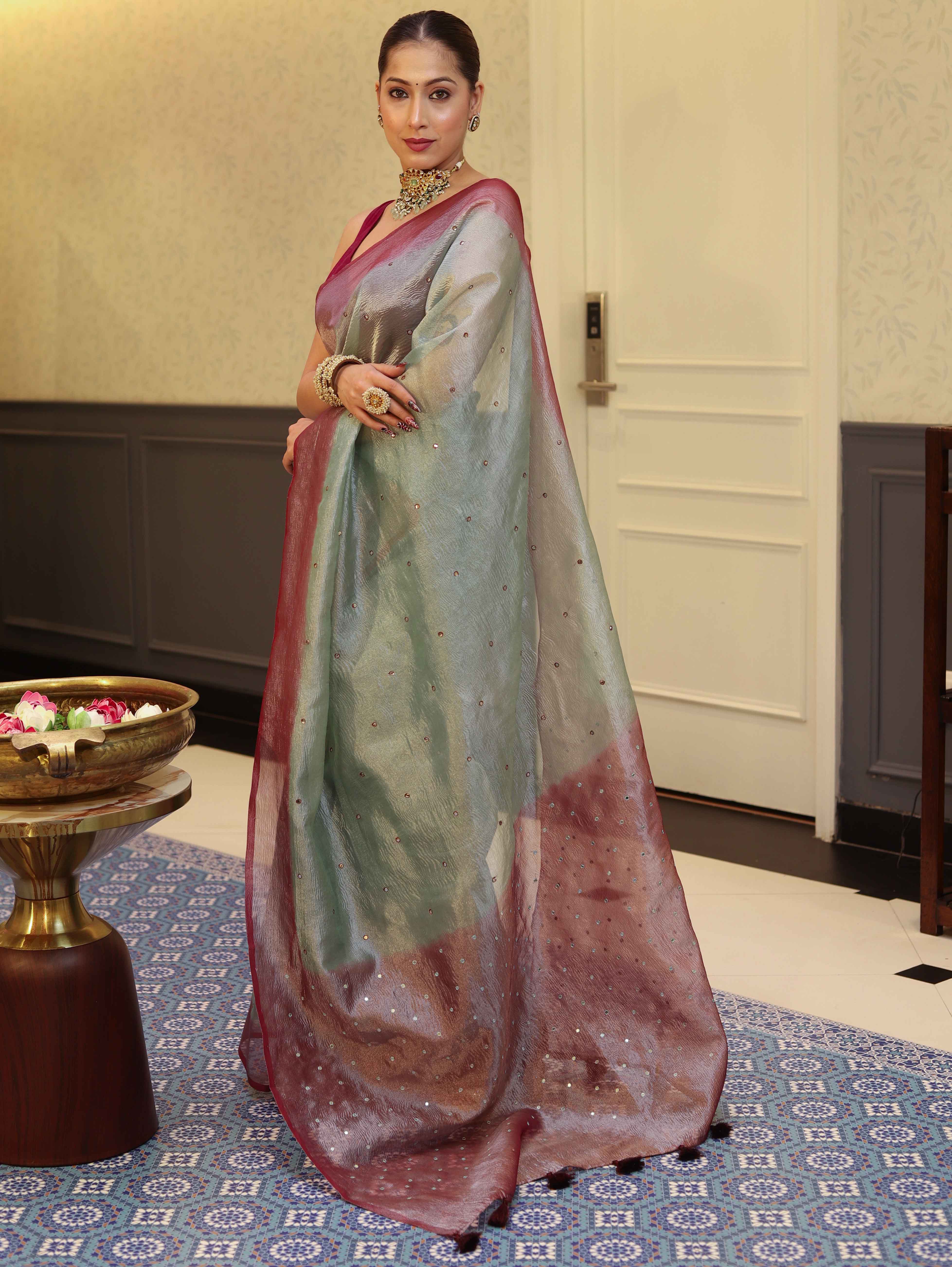 Banarasee Handwoven Crushed Tissue Saree With Mirror Work & Contrast Border-Pastel Green