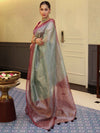 Banarasee Handwoven Crushed Tissue Saree With Mirror Work & Contrast Border-Pastel Green