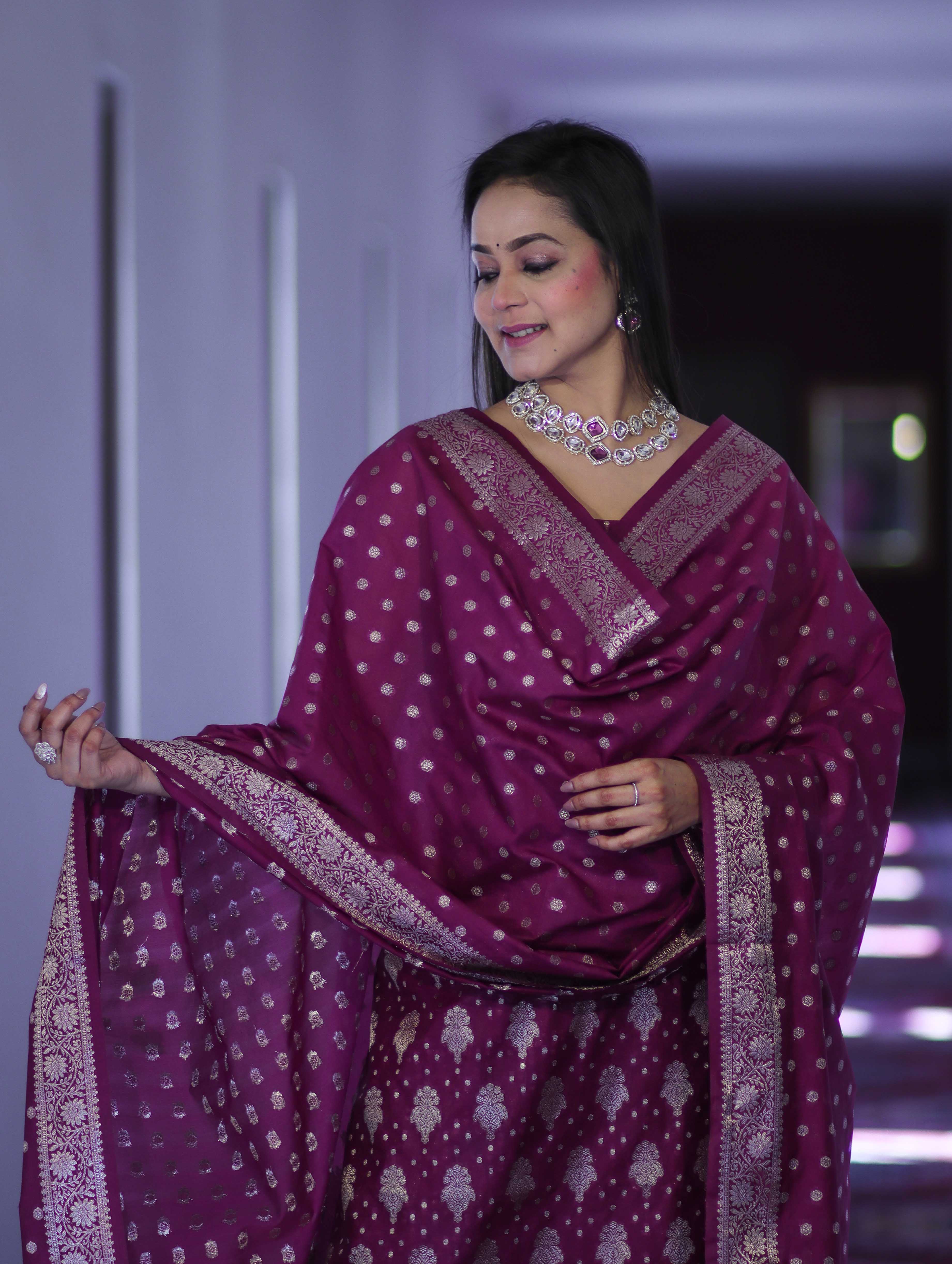 Banarasee Faux Georgette Zari Work Salwar Kameez Fabric With Dupatta Set-Wine