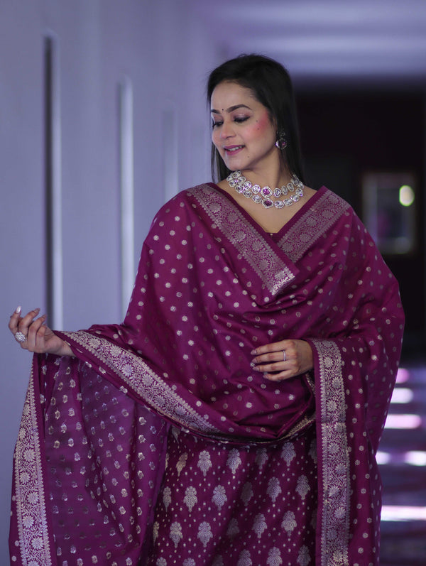 Banarasee Faux Georgette Zari Work Salwar Kameez Fabric With Dupatta Set-Wine