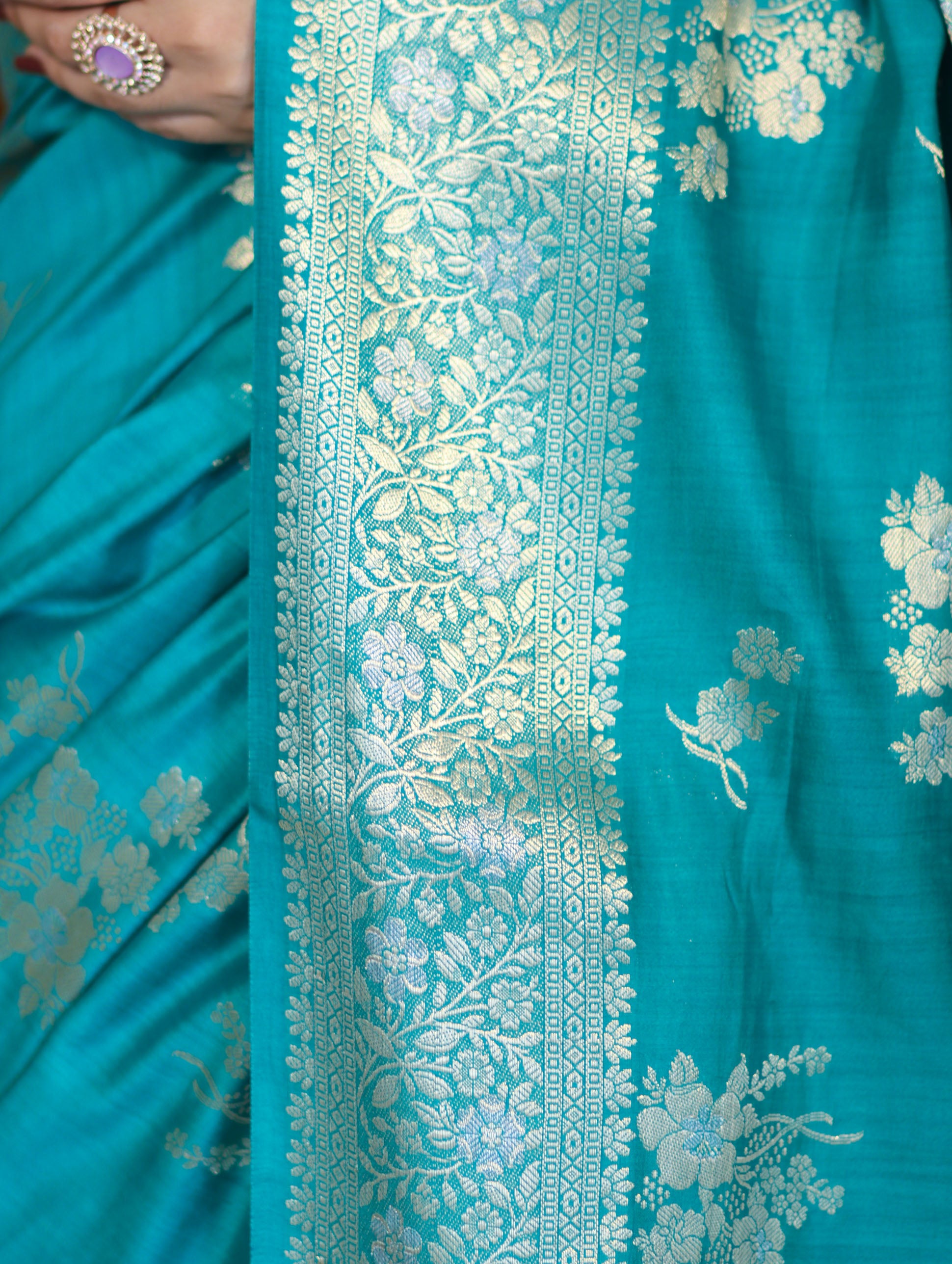 Banarasee Handloom Pure Chiniya Silk Saree With Zari Work-Aqua Blue