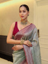 Banarasee Handwoven Crushed Tissue Saree With Mirror Work & Contrast Border-Pastel Green